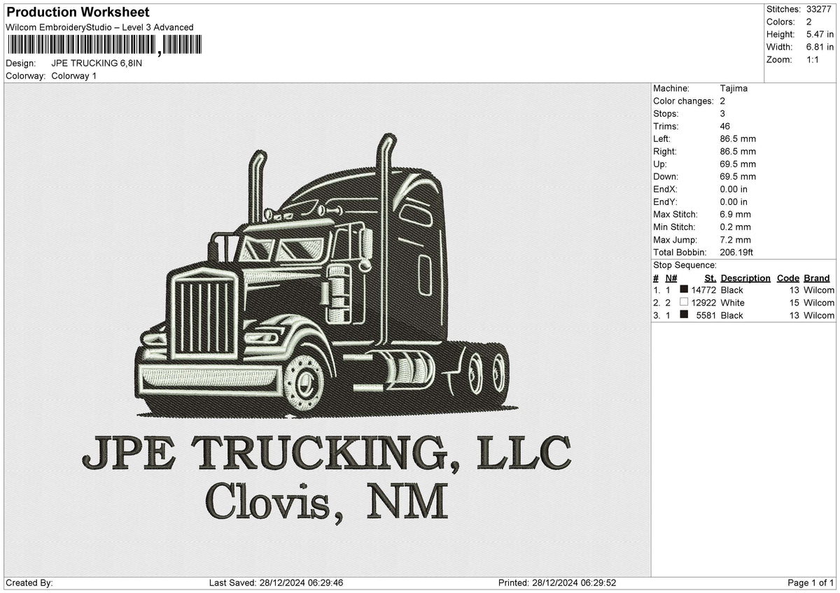 JPE TRUCKING Embroidery File 6 size