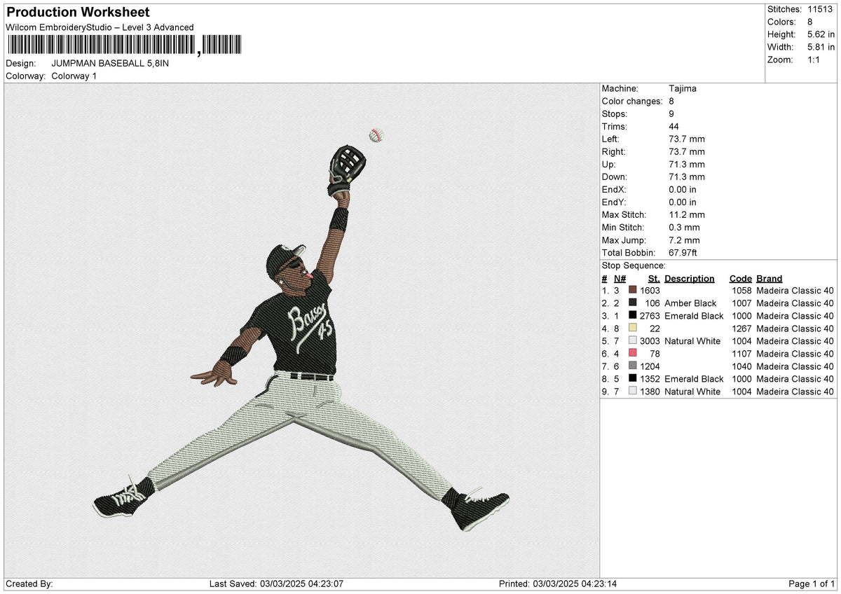 JUMPMAN BASEBALL Embroidery File 6 size