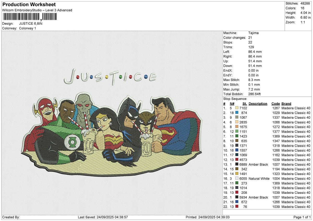 JUSTICE Embroidery File 6 size