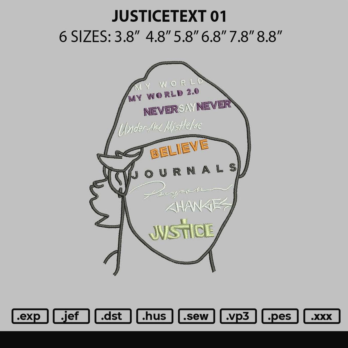 Justicetext 01 Embroidery File 6 sizes