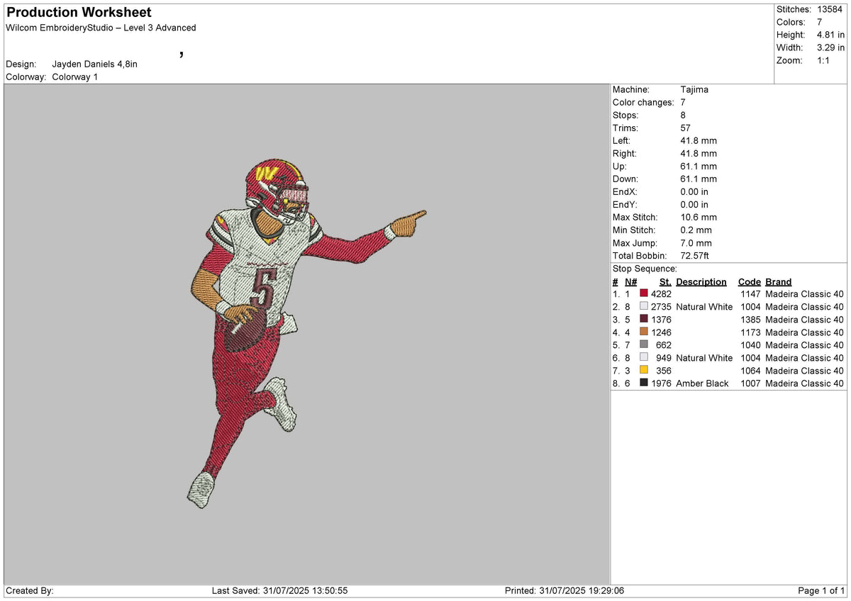 Jayden Daniels Embroidery File 6 size