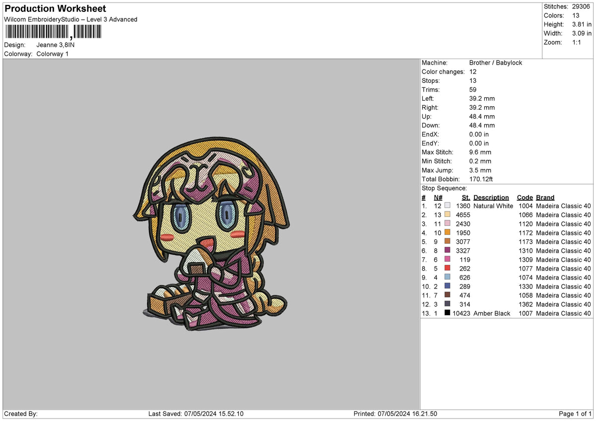 Character0705 Embroidery File 6 sizes