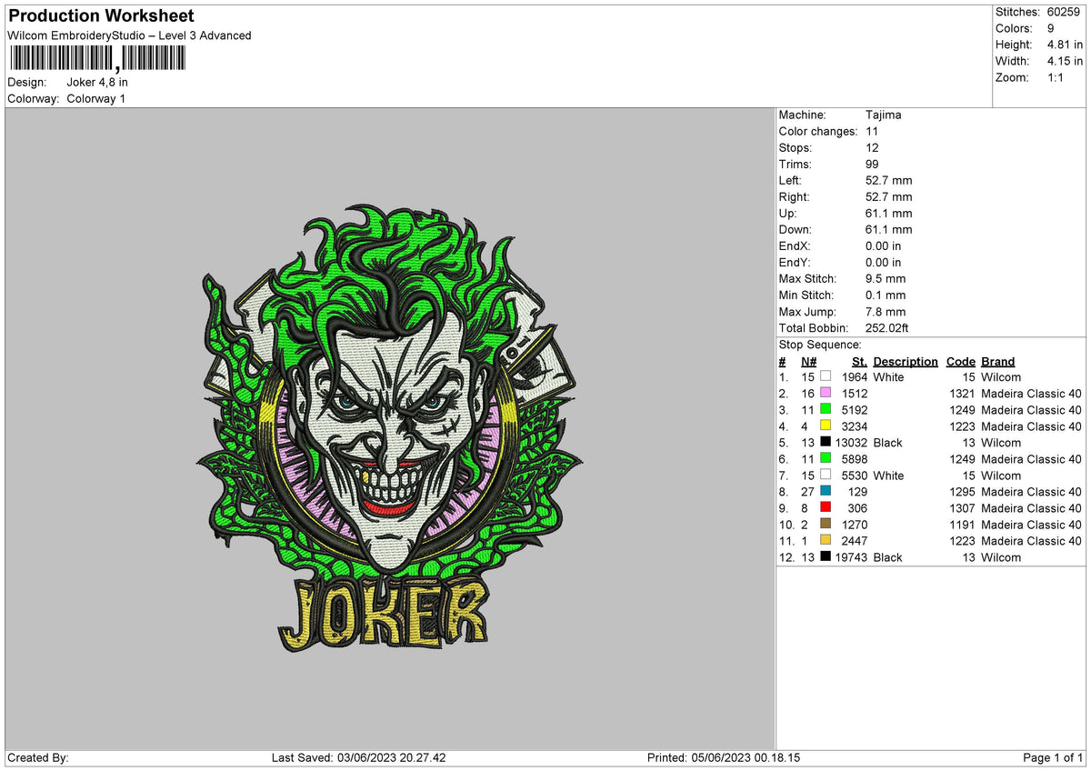 Joker Embroidery File 6 sizes