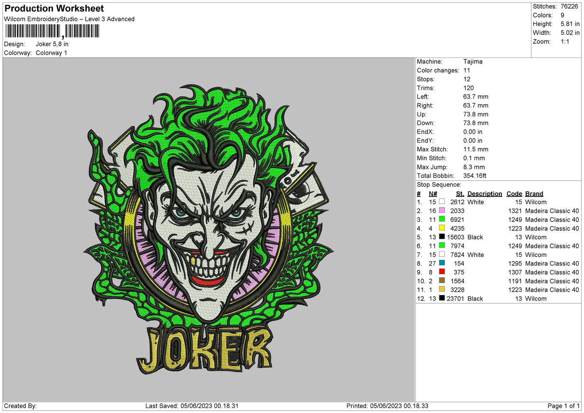 Joker Embroidery File 6 sizes