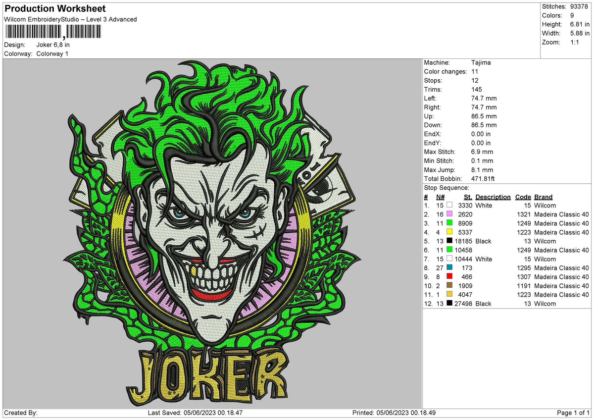 Joker Embroidery File 6 sizes