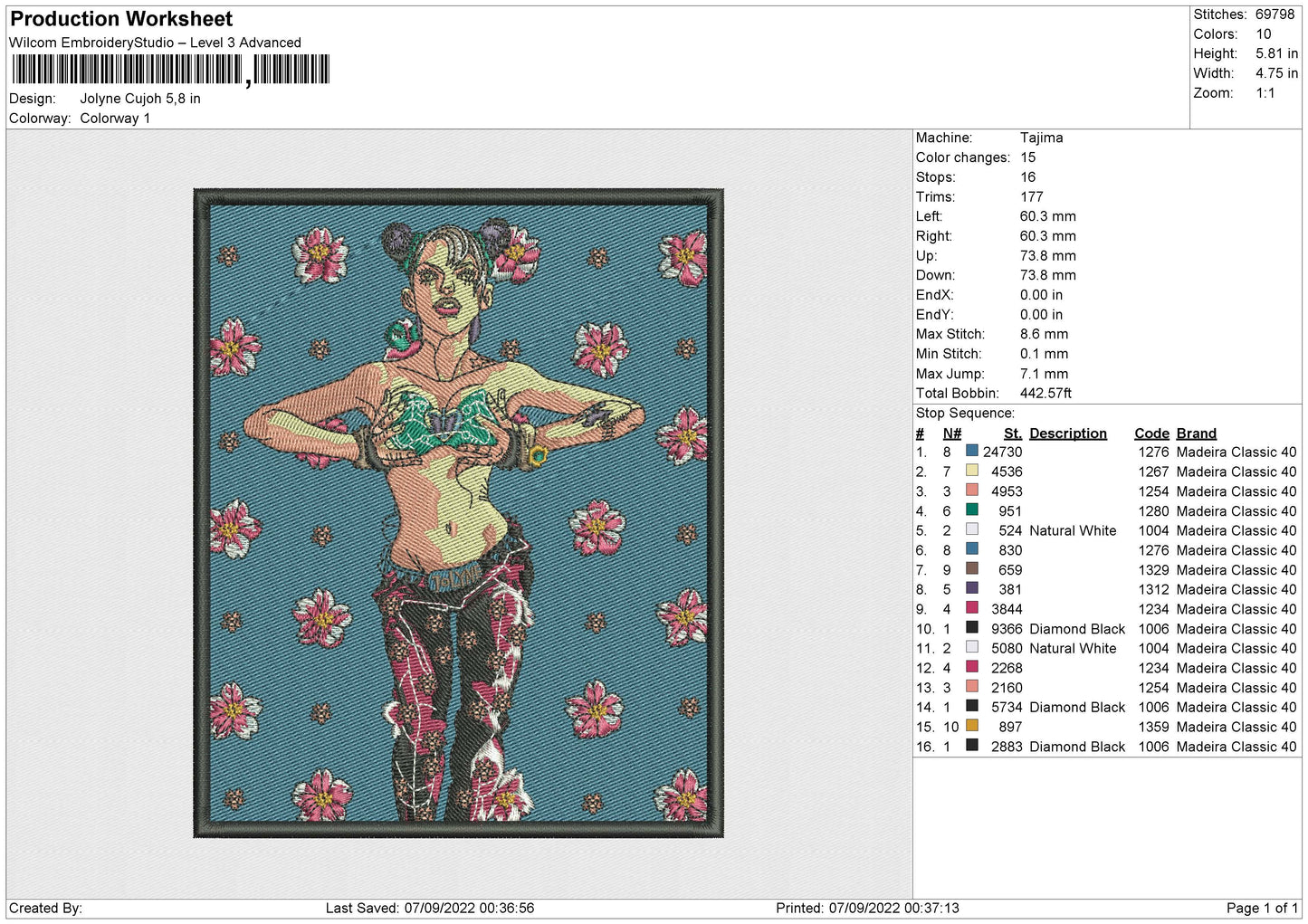 Jolyne Cujoh Embroidery