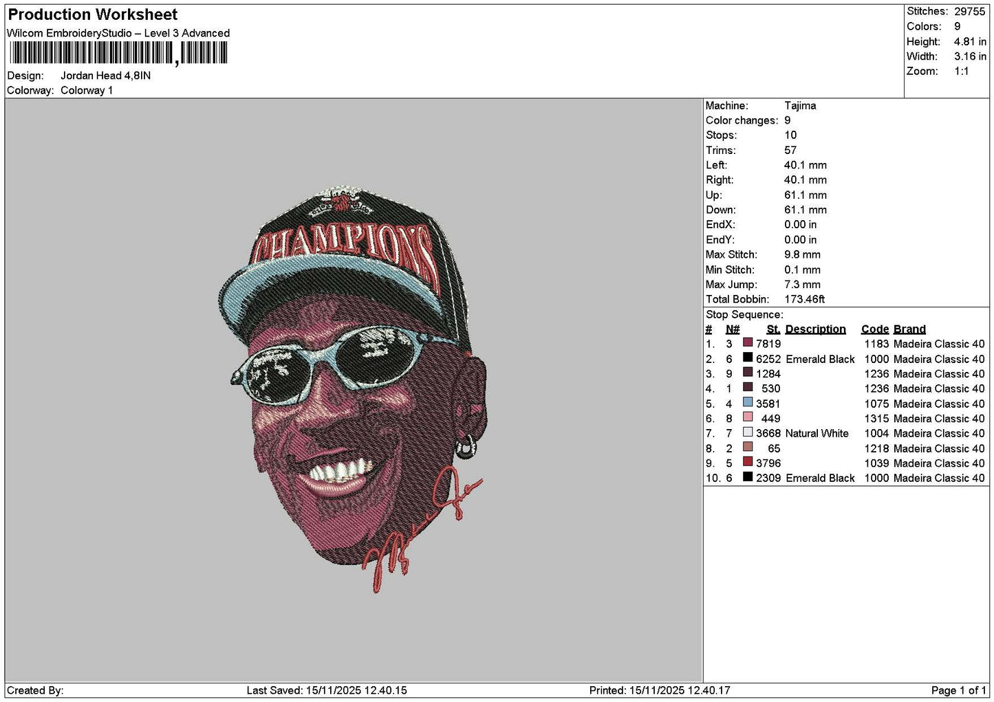 HeadJordan Embroidery File 6 sizes