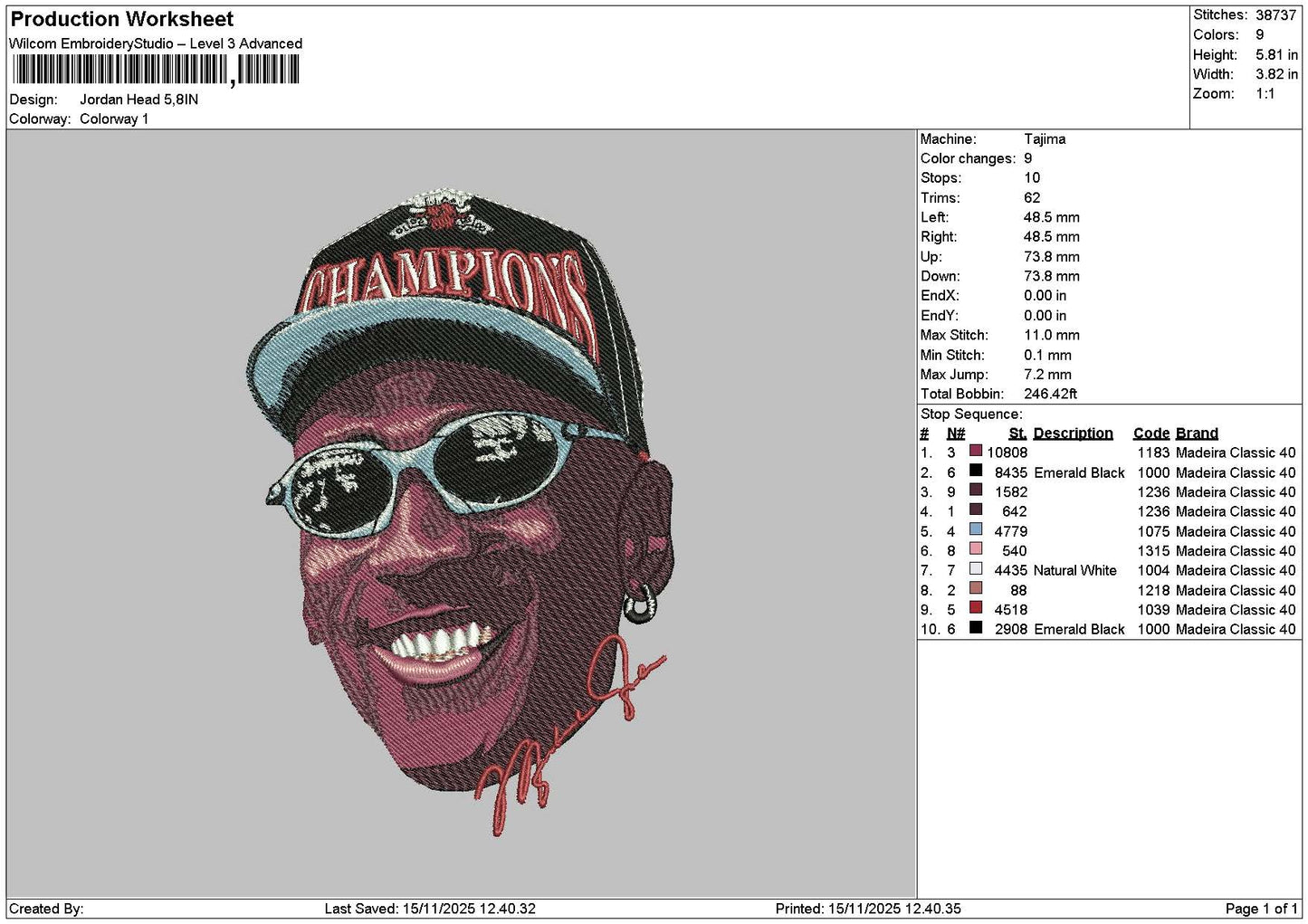 HeadJordan Embroidery File 6 sizes