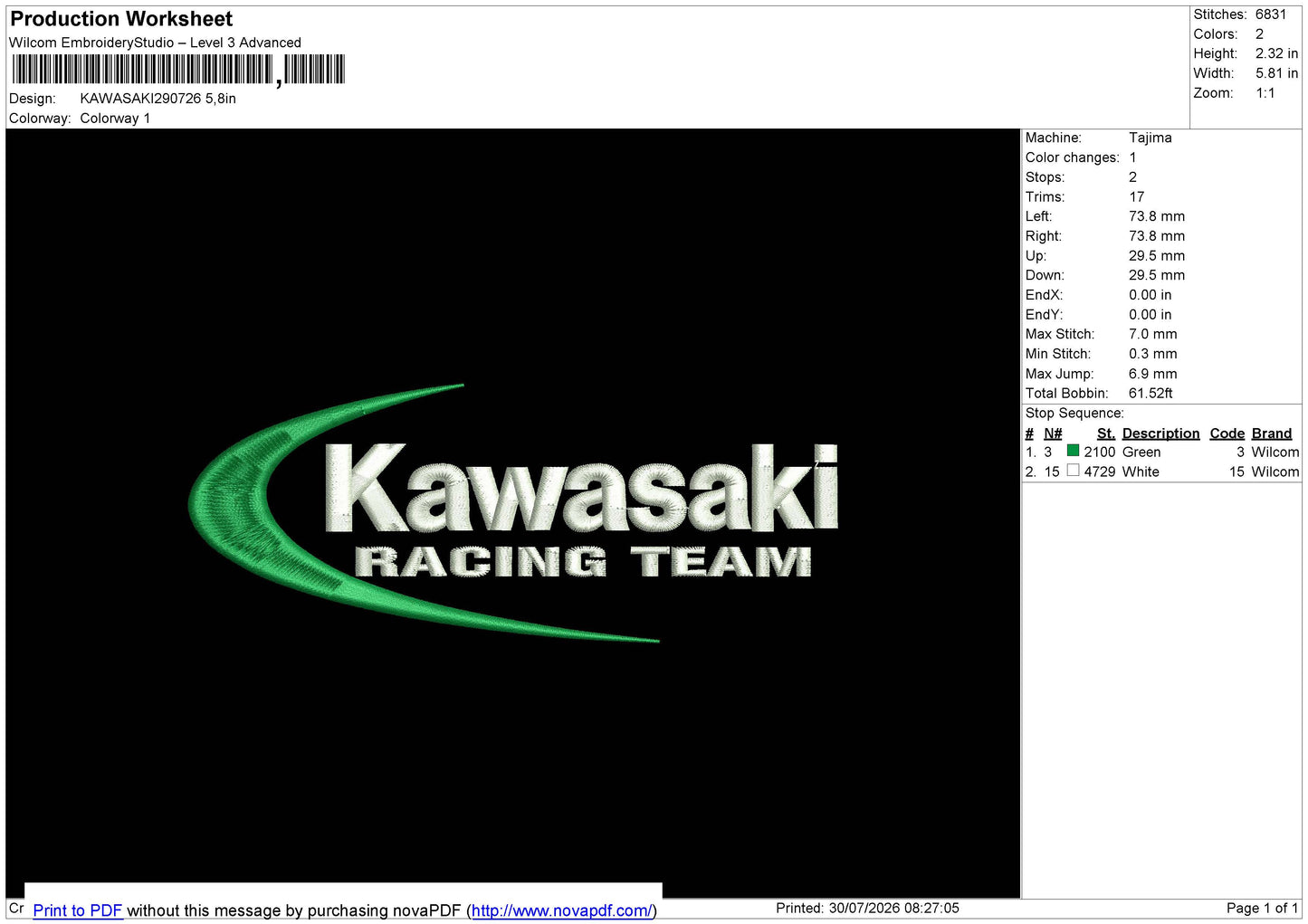 KAWASAKI290726 Embroidery File 6 sizes