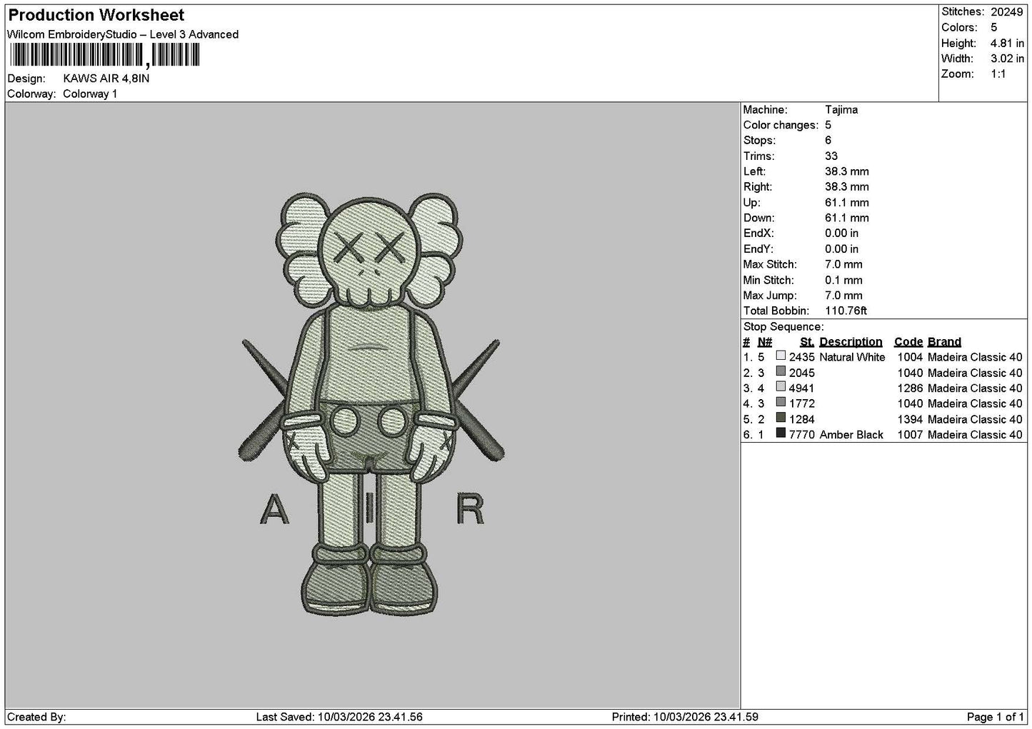 Kaws1003a Embroidery File 6 sizes