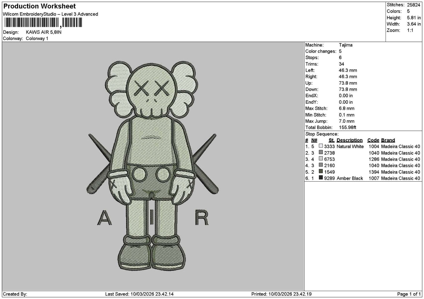 Kaws1003a Embroidery File 6 sizes