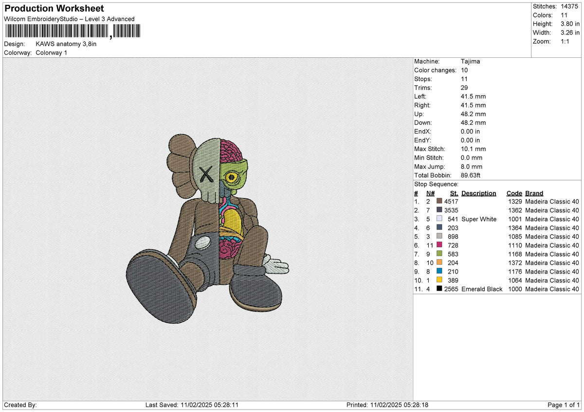 KAWS anatomy Embroidery File 6 size