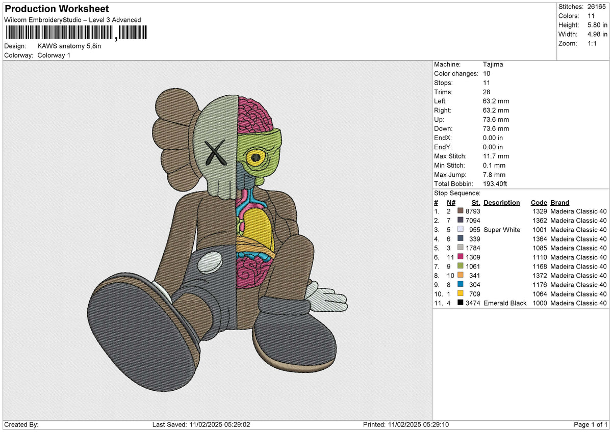 KAWS anatomy Embroidery File 6 size