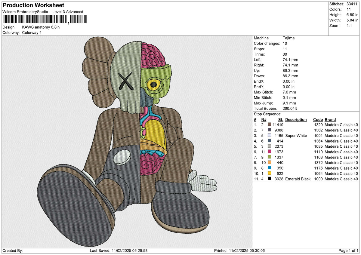 KAWS anatomy Embroidery File 6 size