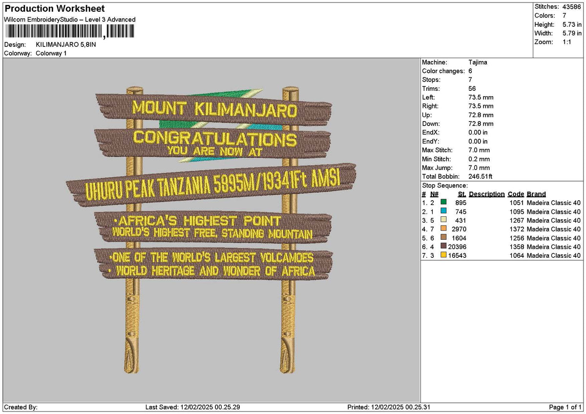 Kilimanjarotext Embroidery File 6 sizes