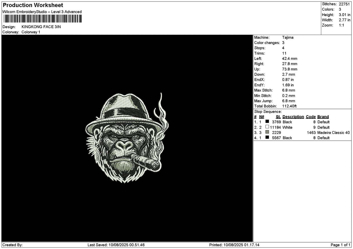 Kingkong 0908 Embroidery File 6 sizes