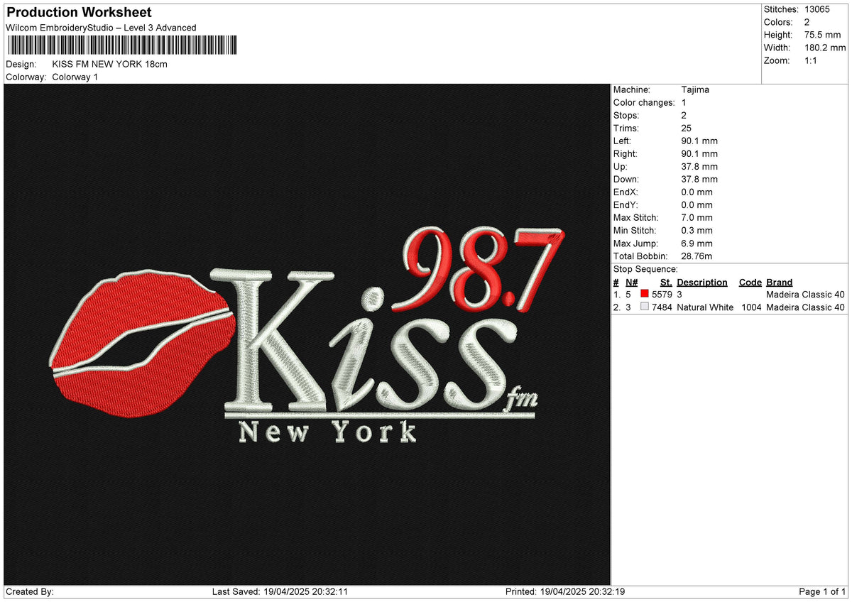 KISS FM NEW YORK Embroidery File 6 size