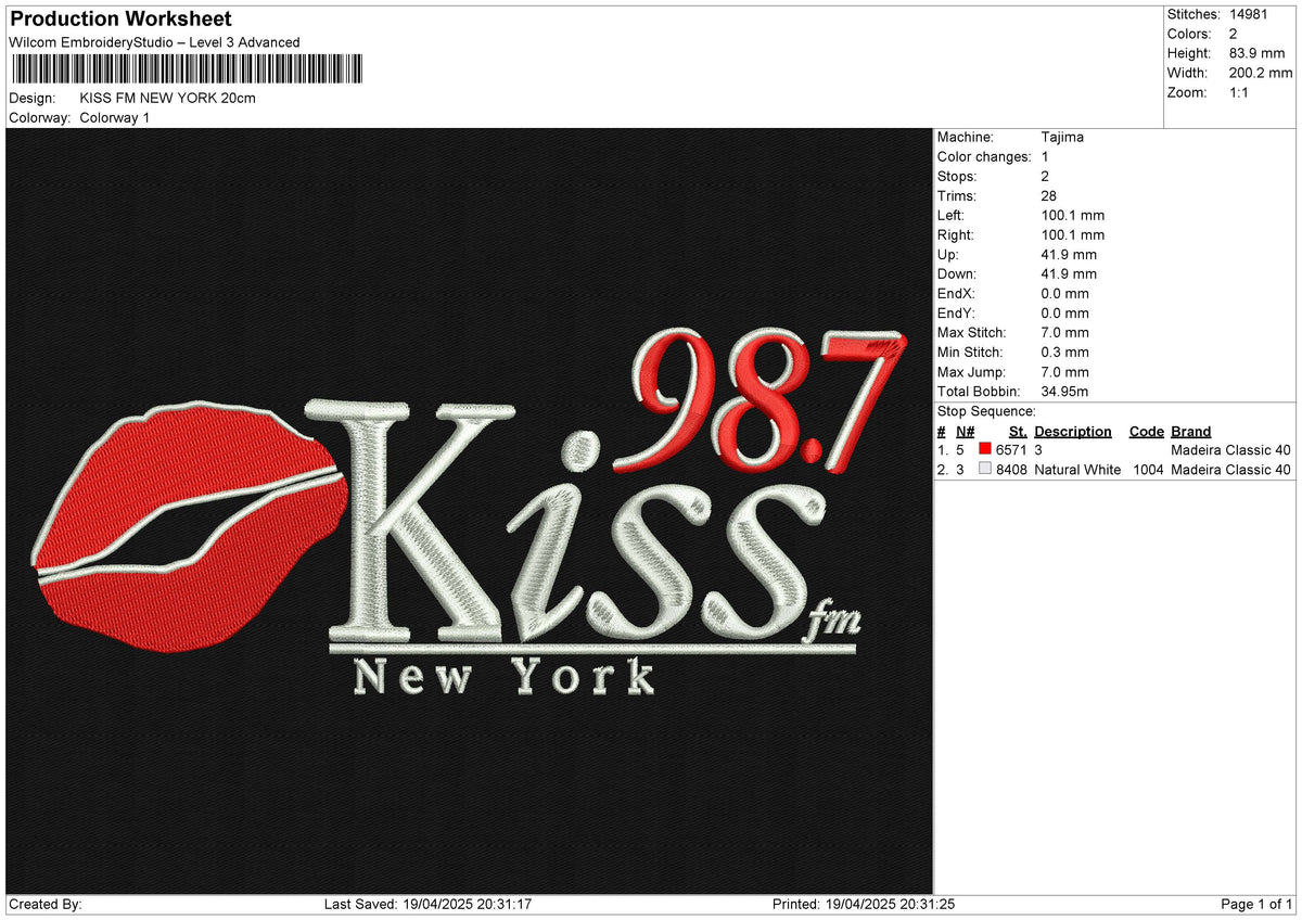 KISS FM NEW YORK Embroidery File 6 size