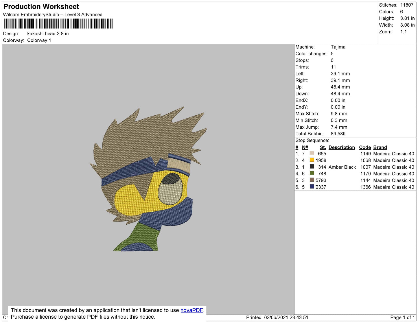Kakashi Head Embroidery