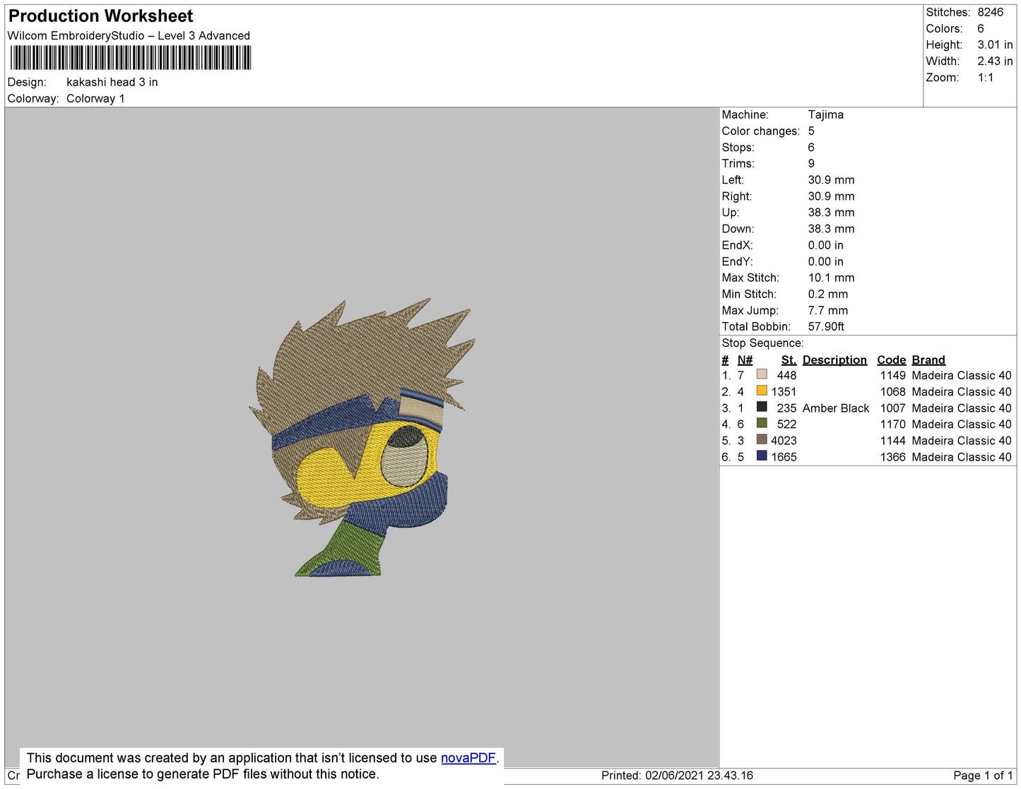 Kakashi Head Embroidery