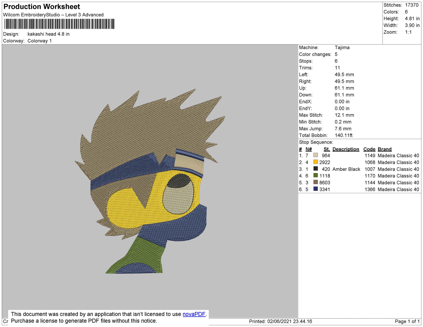 Kakashi Head Embroidery