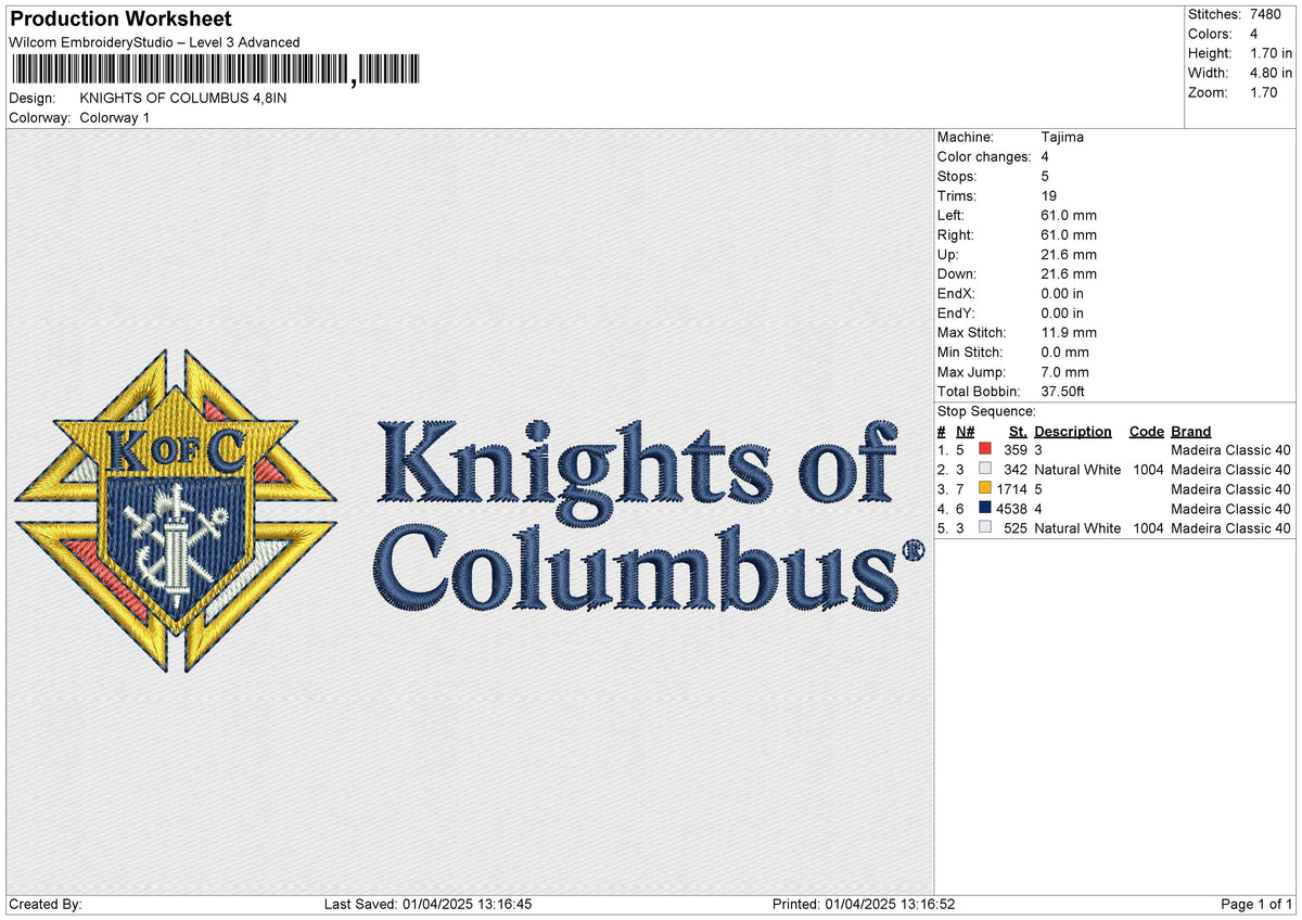 KNIGHTS OF COLUMBUS Embroidery File 6 size