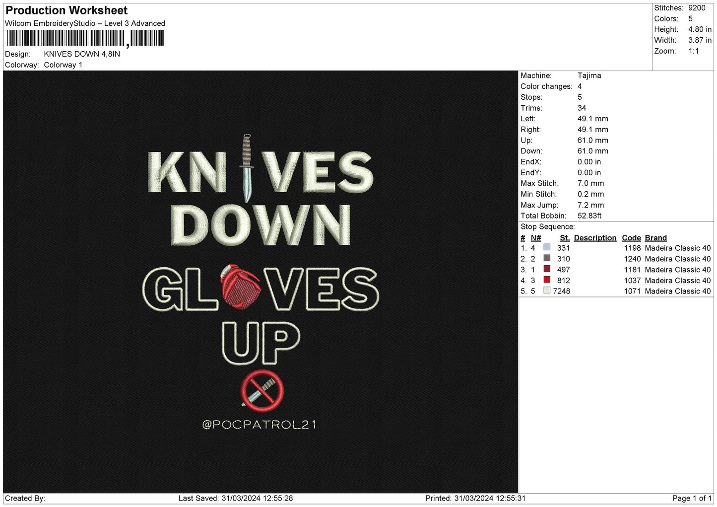 KNIVES DOWN Embroidery File 6 size