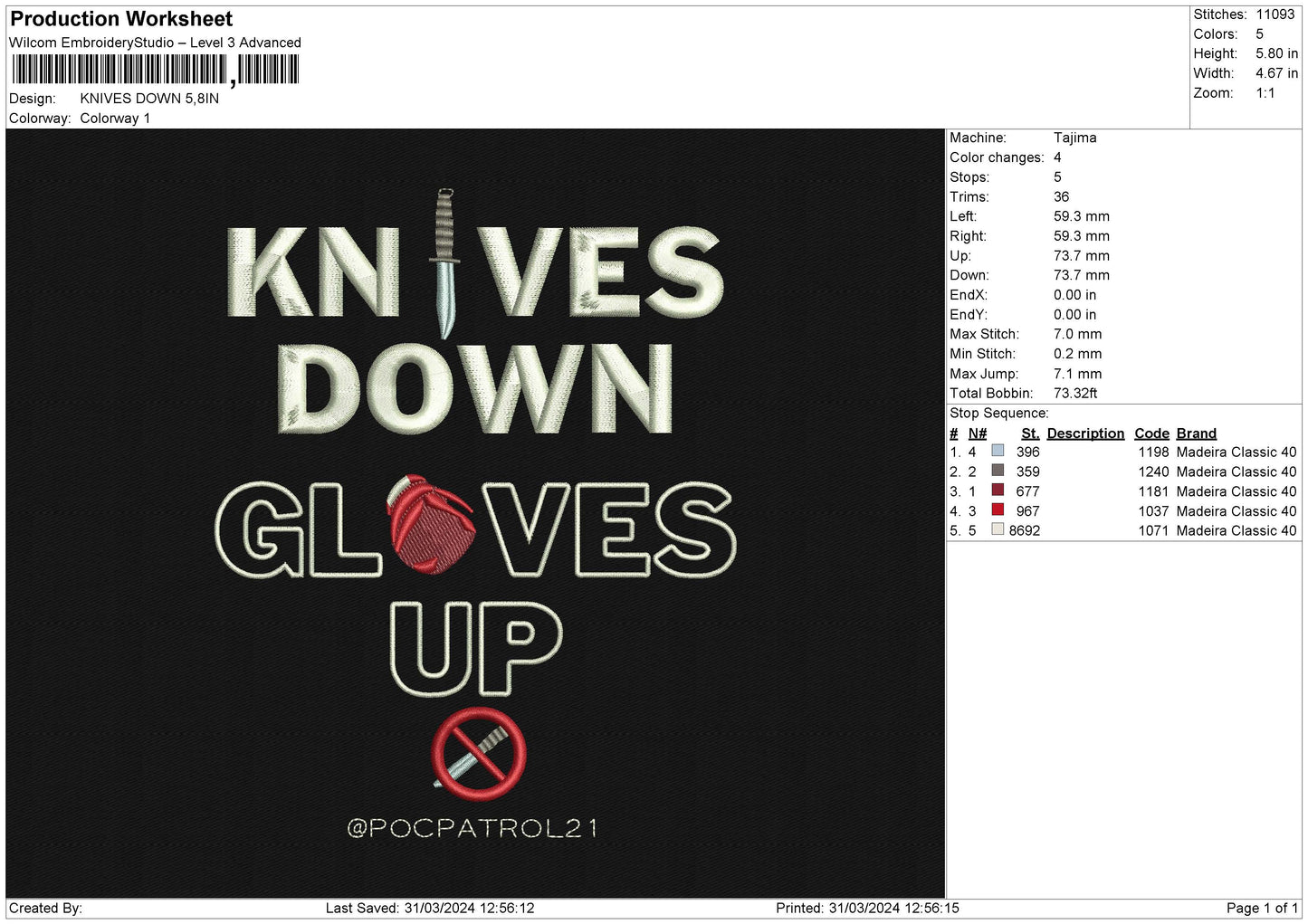 KNIVES DOWN Embroidery File 6 size