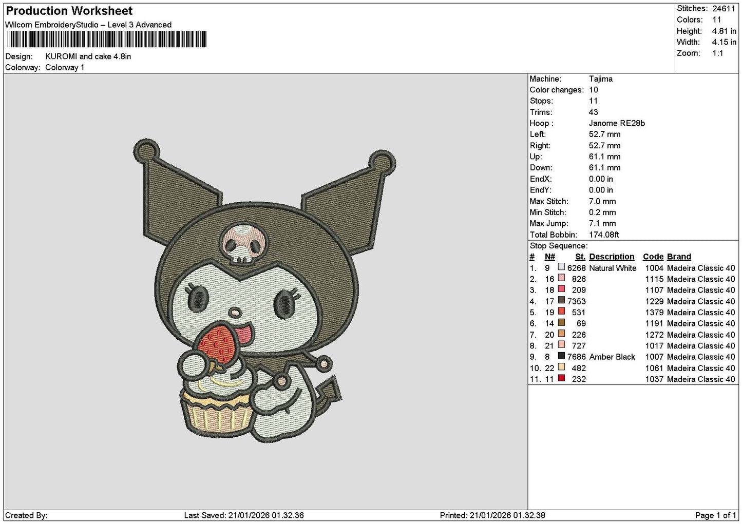 Kuro 2101 Embroidery File 6 sizes