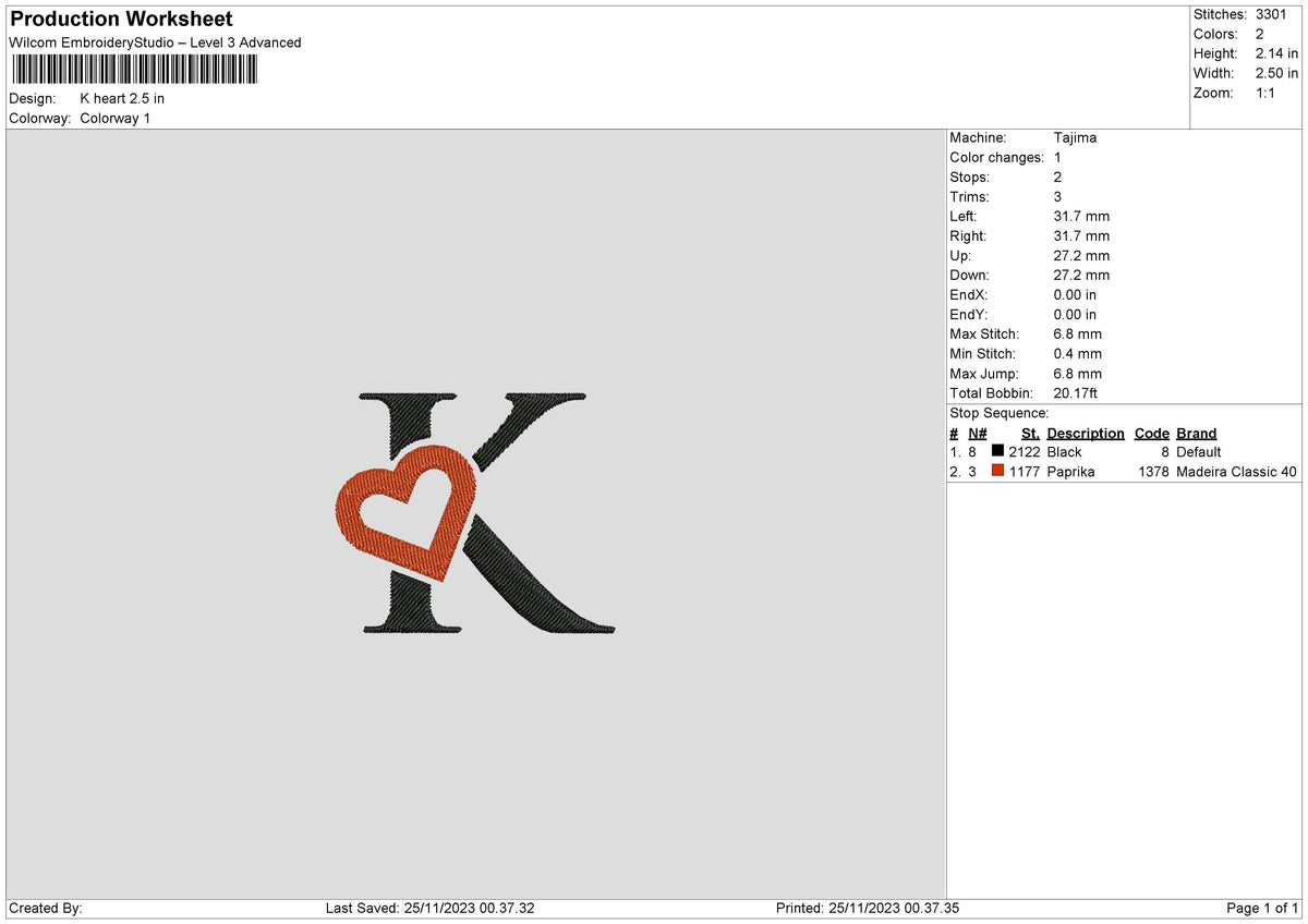 K Heart Embroidery File 6 sizes