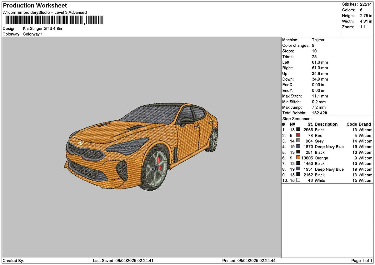 Orange Car 0804 Embroidery File 6 sizes