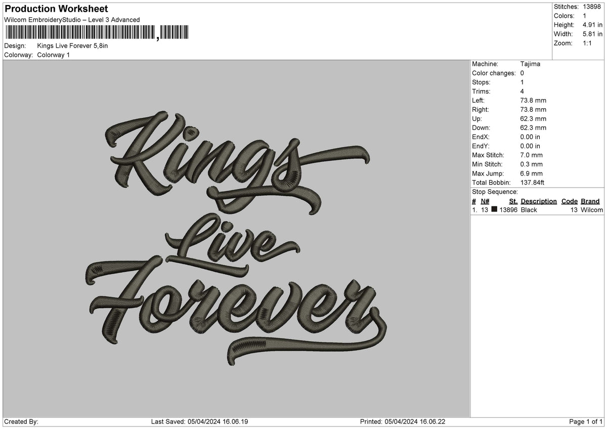 Kings Text 02 Embroidery File 6 Sizes