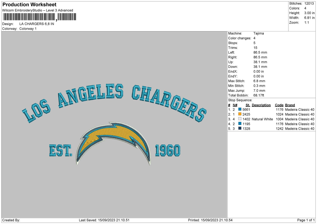 Chargers Embroidery File 6 sizes