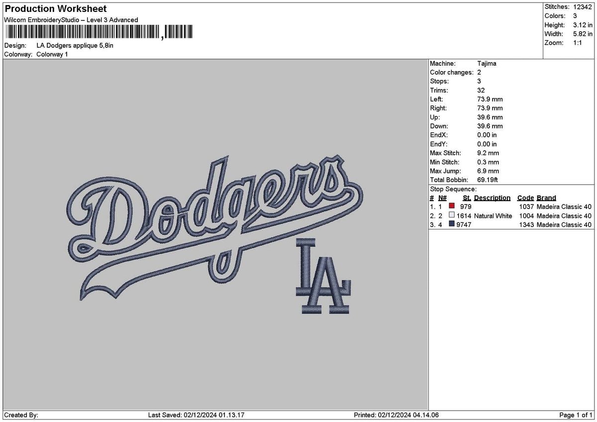 Dodgersapp 0212 Embroidery File 6 sizes