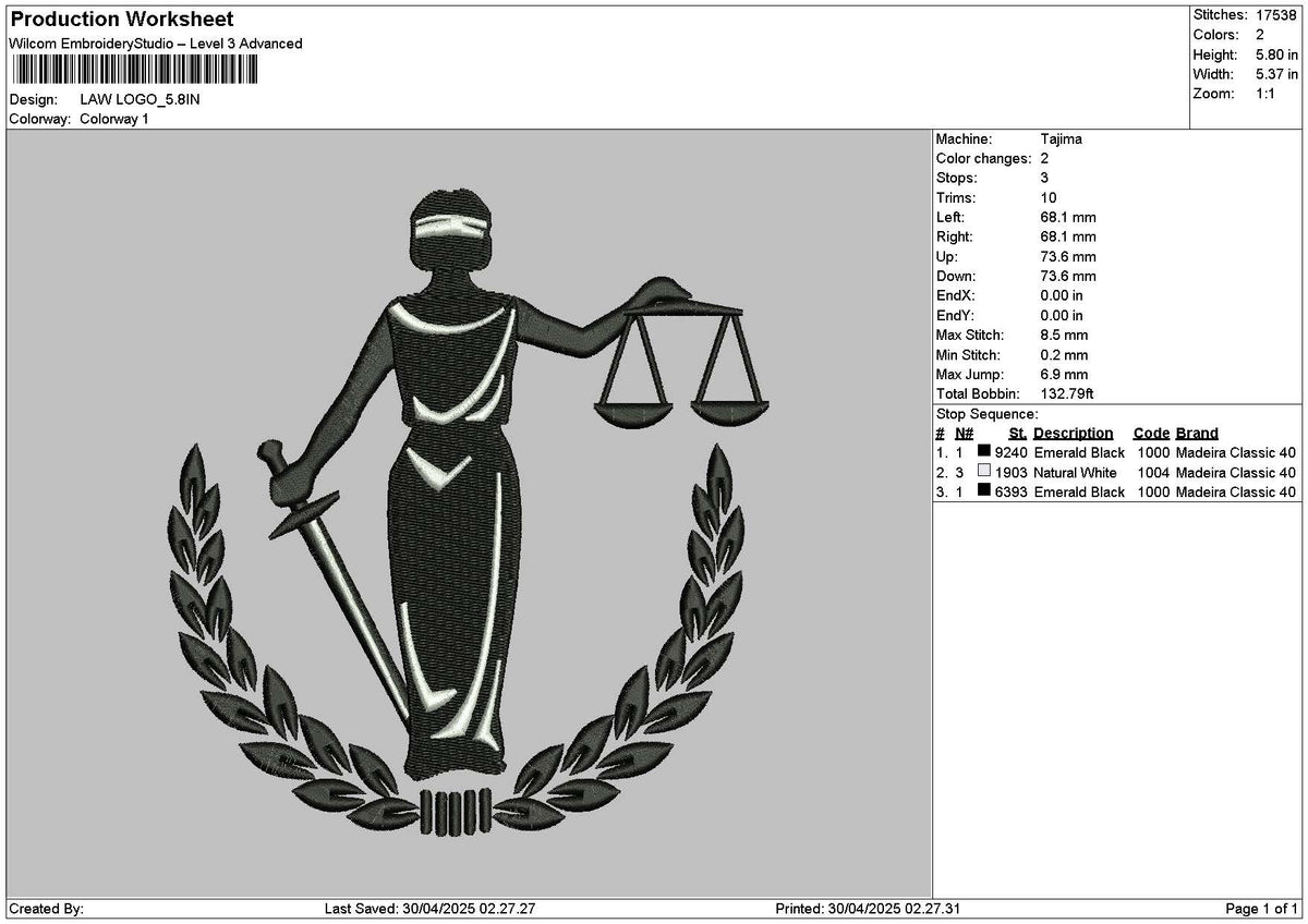 Law 2903 Embroidery File 6 sizes