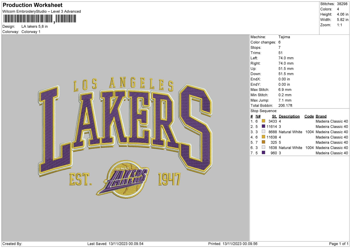 Lakers1311 Embroidery File 6 sizes