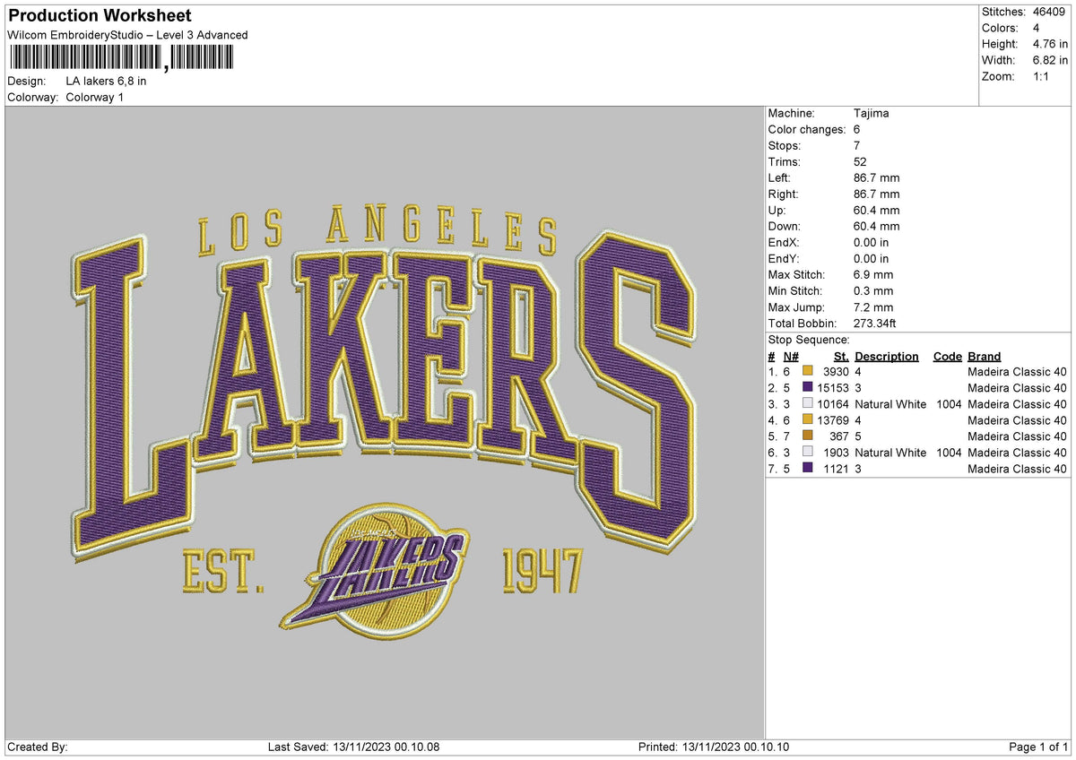 Lakers1311 Embroidery File 6 sizes