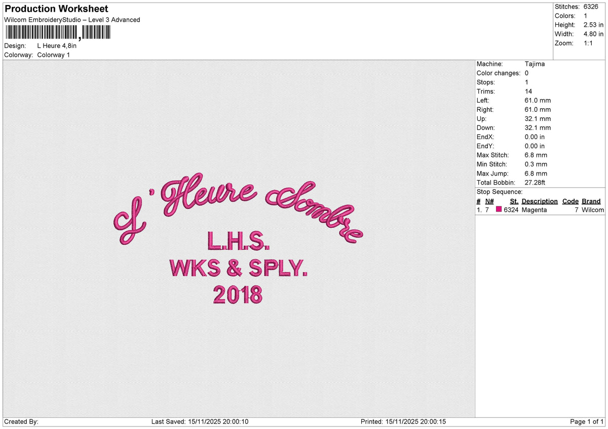 L Heure Embroidery File 6 size