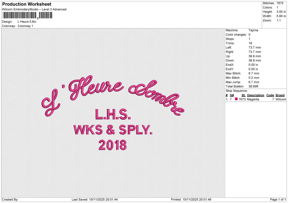 L Heure Embroidery File 6 size