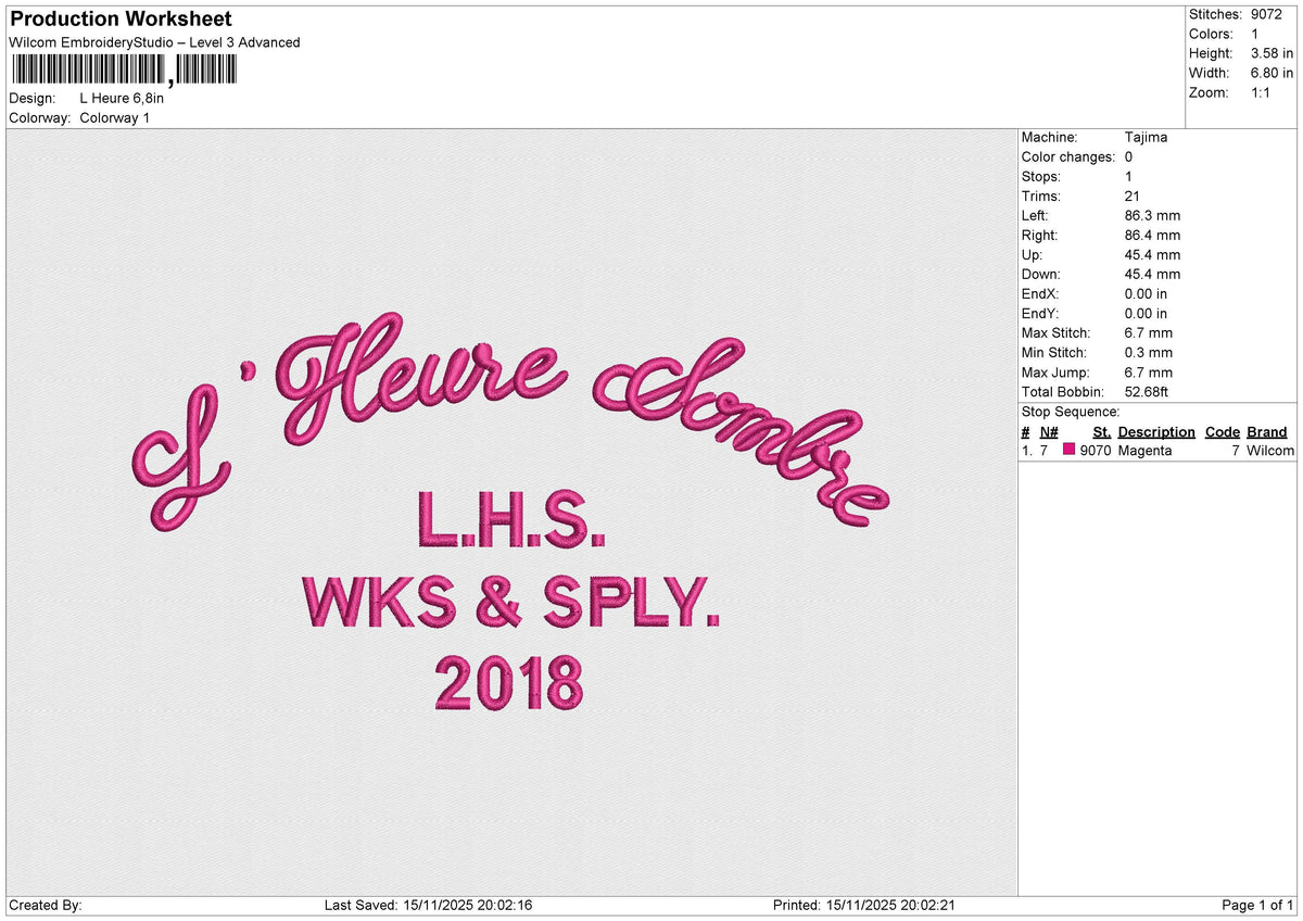 L Heure Embroidery File 6 size