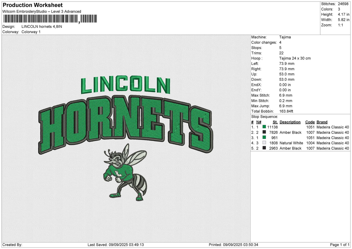 LINCOLN Hornets Embroidery File 6 size