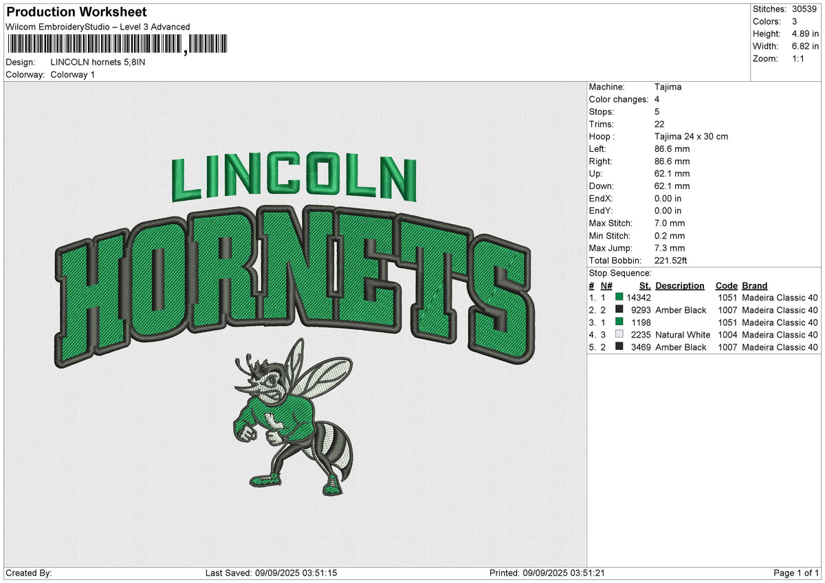 LINCOLN Hornets Embroidery File 6 size