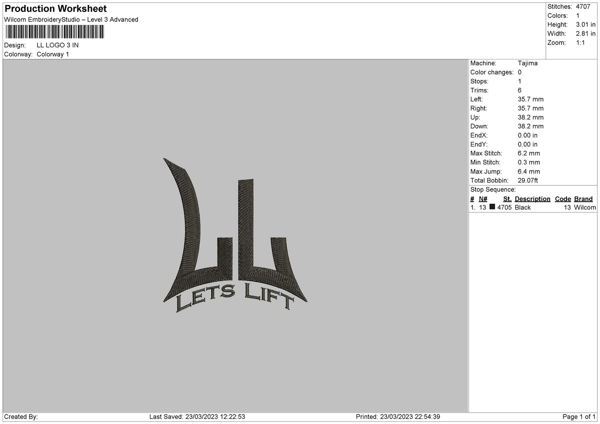 Ll Logo Embroidery File 6 sizes