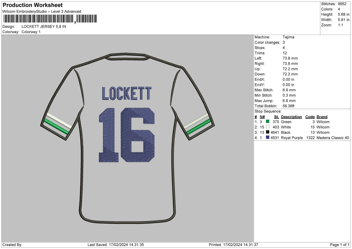 Jersey 16 Embroidery File 6 sizes