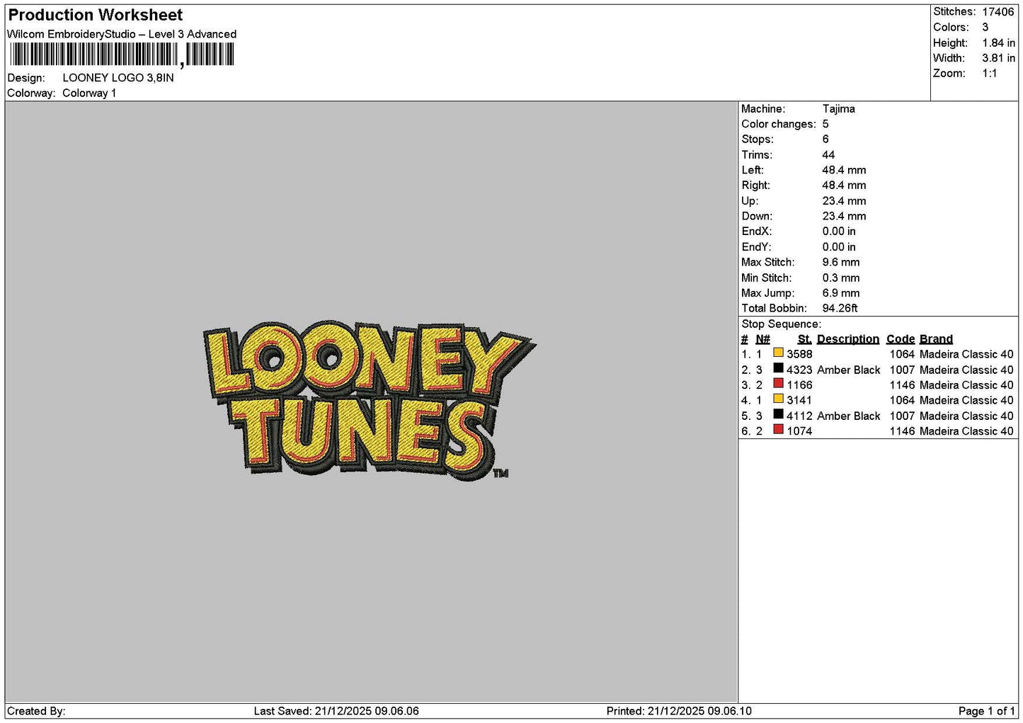 Looneytext 2112 Embroidery File 6 sizes