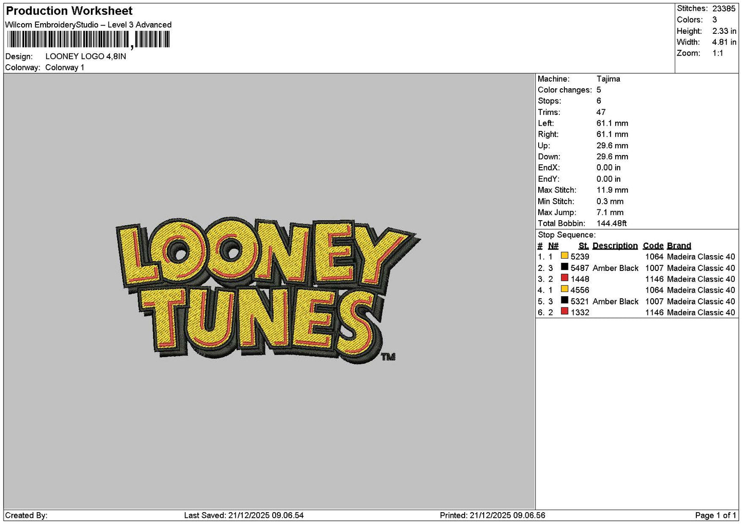 Looneytext 2112 Embroidery File 6 sizes