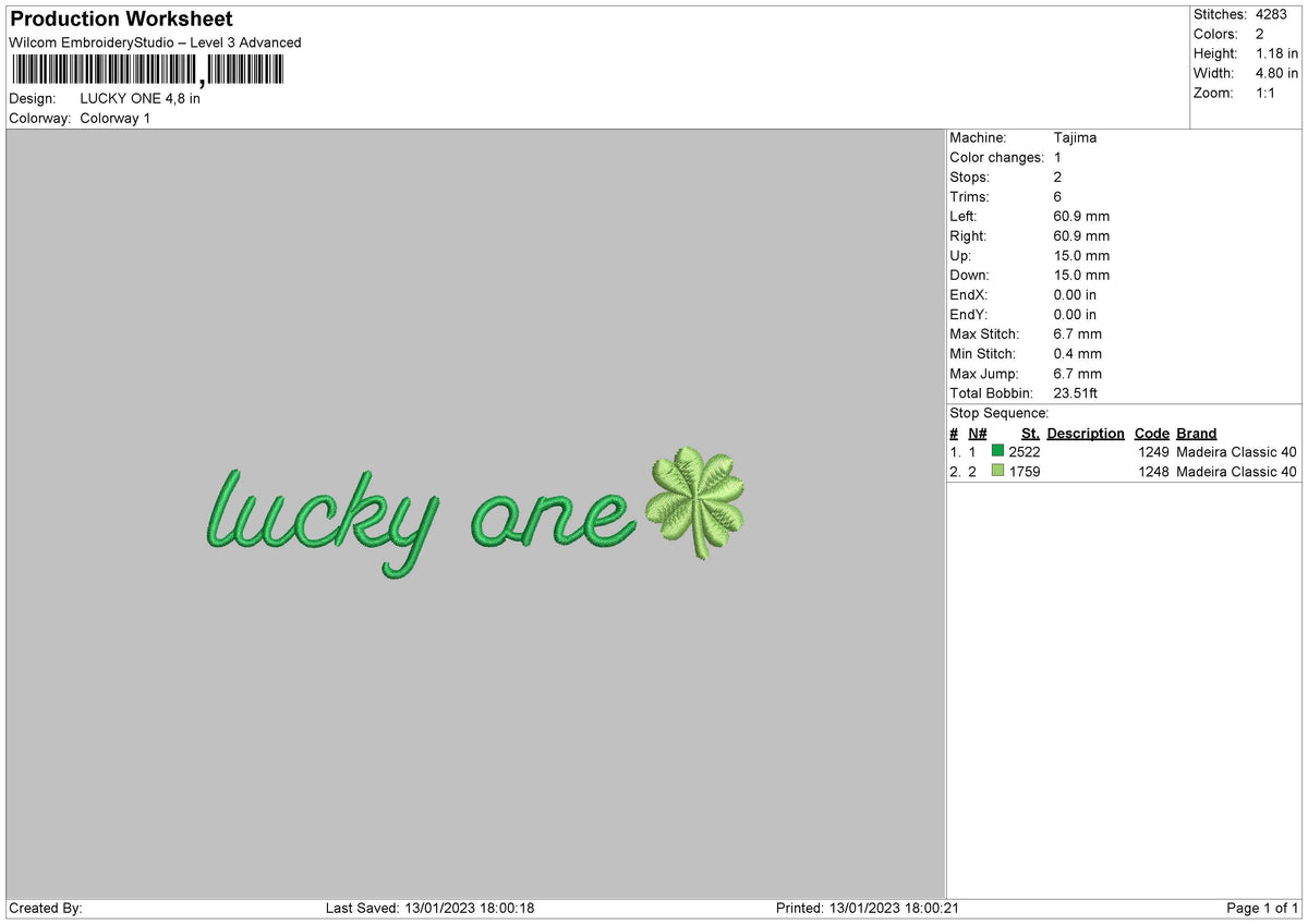 Lucky One Embroidery File 6 sizes