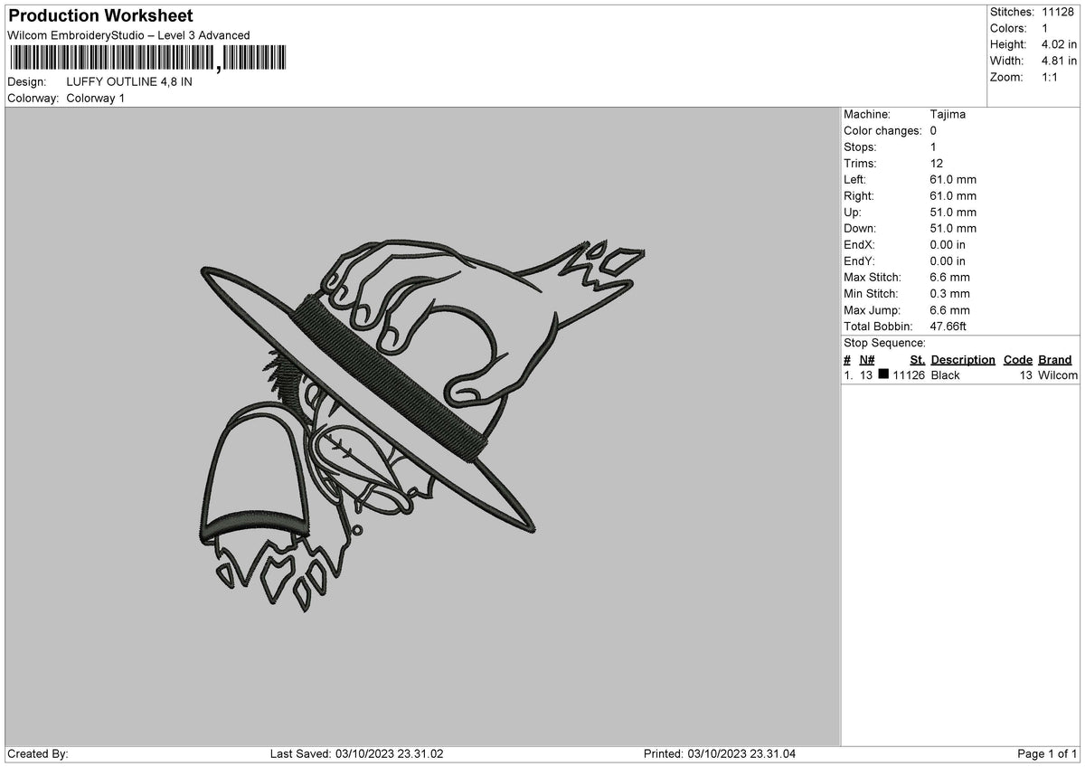 Luffy Outline Embroidery File 6 sizes