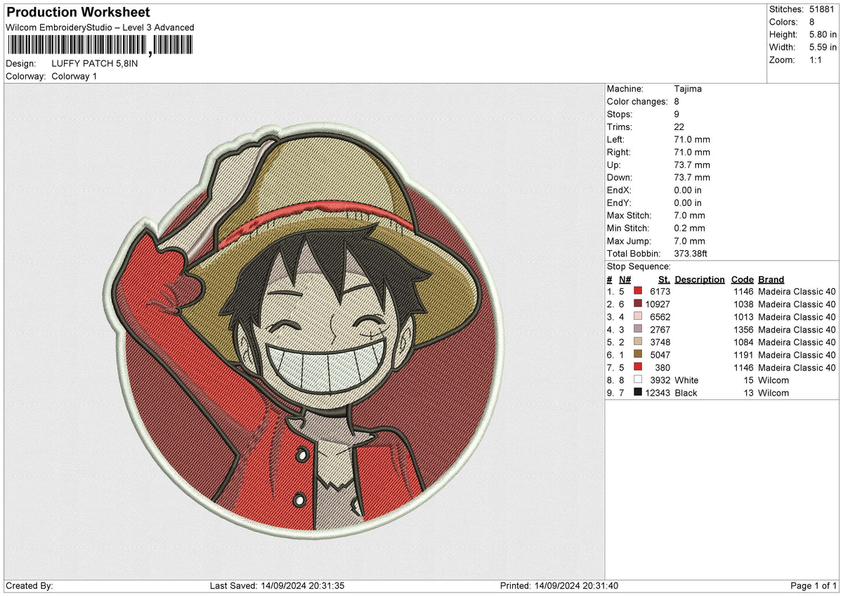 LUFFY PATCH Embroidery File 6 size