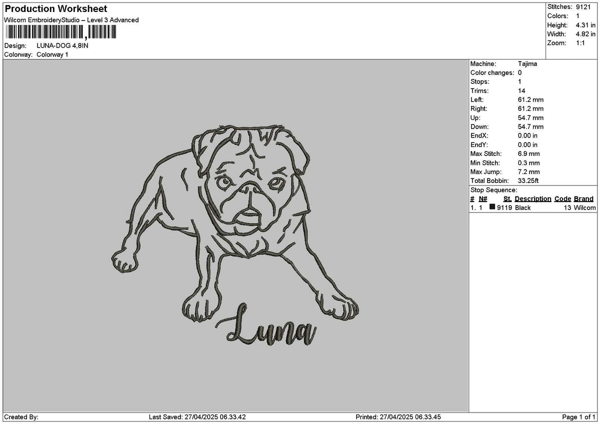 Luna Dog Embroidery File 6 sizes